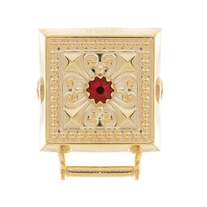 Veskestøl forgylt med raud stein