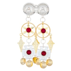 Halsknapp, kvit/gylt m/raude steinar