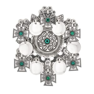 Sølje, oks. m/grøne steinar i filigran og korsløv