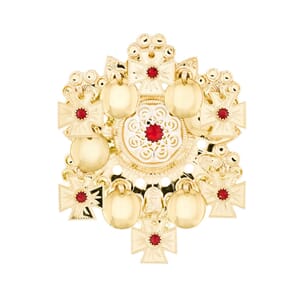 Sølje, forgylt m/raude steinar i filigran og korsløv