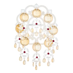 Sølje, kvit/forgylt (8 heng) med raude steinar i filigran