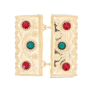 Spenne, forgylt m/raud og grøn stein